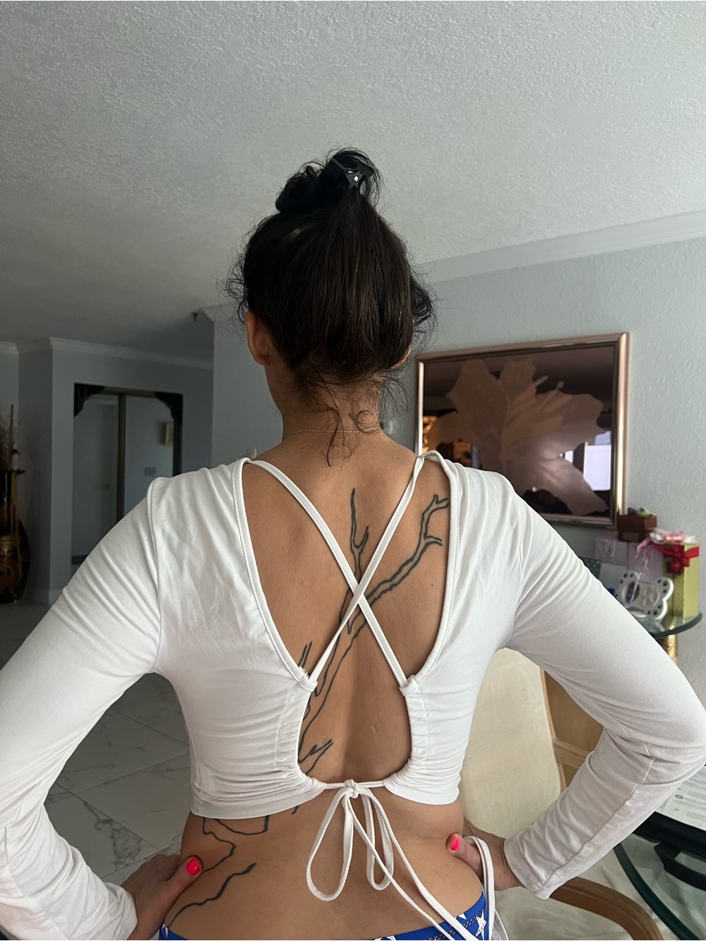White Open-Back Long Sleeve Tie Crop Top